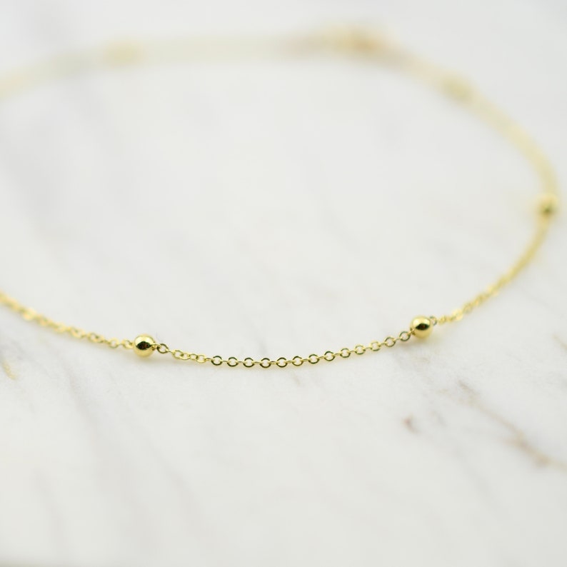 14K Gold Dainty Chain Bracelet 14K Gold Cable Chain with Beads Bracelet 14K Solid Gold Bracelet image 3