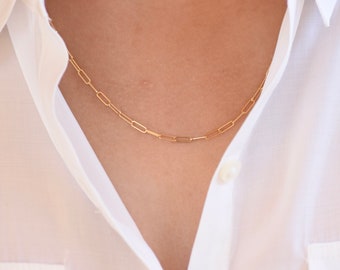 14K Gold Paper Clip Chain Necklace, 2.5mm Paper Clip Chain