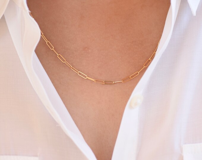 14K Gold Paper Clip Chain Necklace, 2.5mm Paper Clip Chain