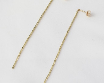 14K Solid Gold Long Chain Earrings: Minimalist Sparkle
