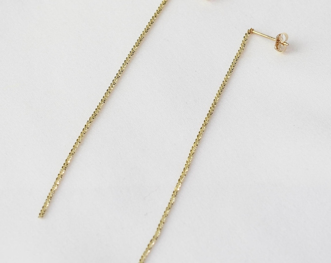 14K Gold Long Chain Earrings. 14K Gold Sparkle Chain Earrings. 14K Solid Gold Minimalist Earrings