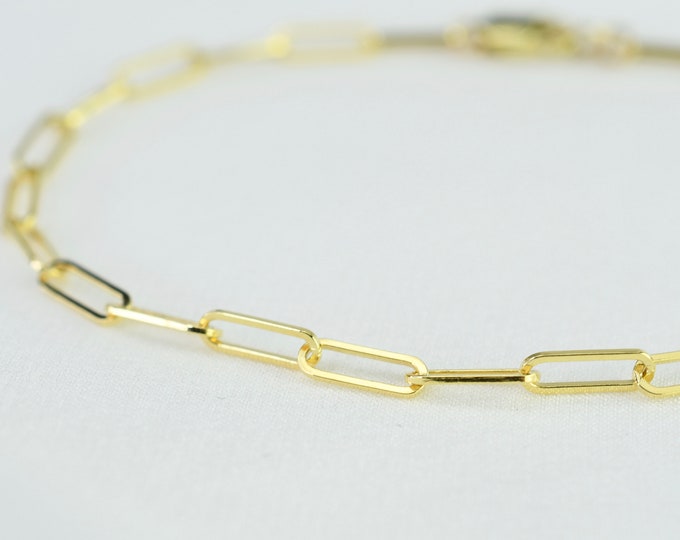 14K Gold Paper Clip Chain Bracelet, 2.5mm Paper Clip Chain