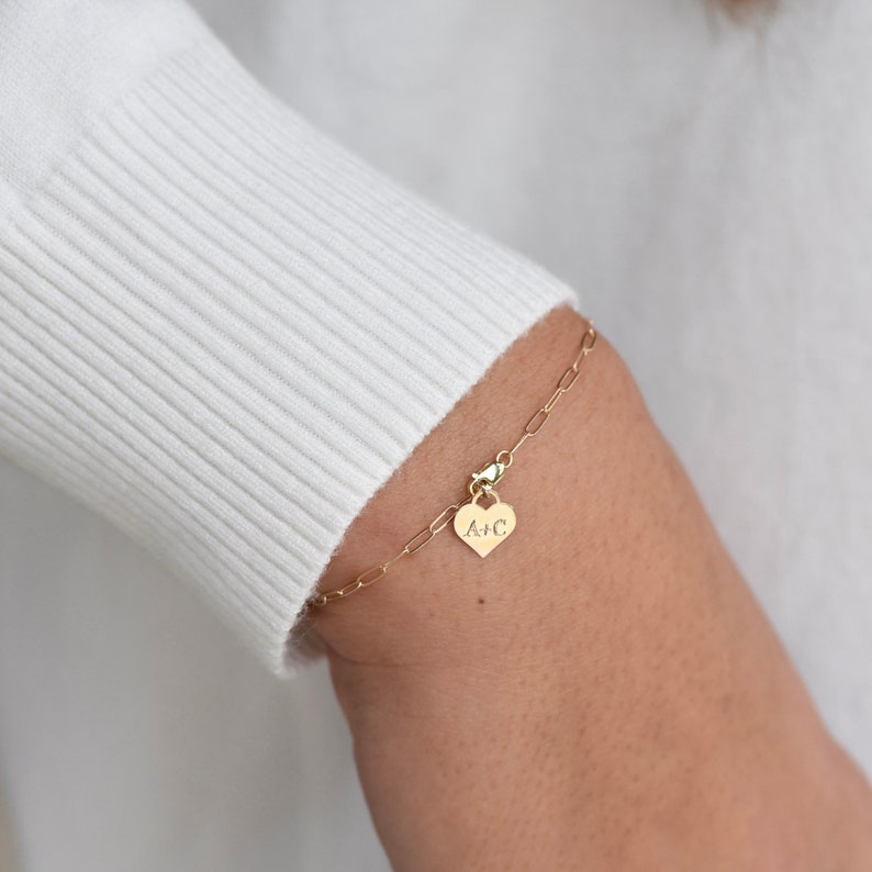14K Gold Personalized Heart Charm Bracelet Gold Paper Clip Chain Bracelet 14k yellow gold. 14k white gold image 4
