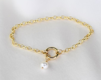 14K Gold Pearl Charm Bracelet: Rolo Chain, Hinged Bail