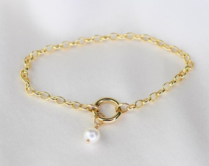 14K Gold Pearl Bracelet - 14K Gold Charm Holder Bracelet. 14K Gold Rolo Chain Bracelet - Hinged Circle Bail