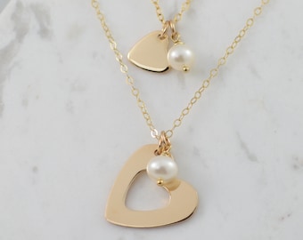Mother Daughter Necklace Set: Gold Heart & Pearl, 14k Gold Filled