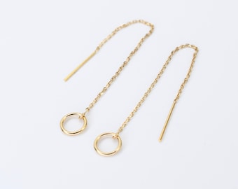 14K Gold Threader Earrings – Minimalist 14K Gold Circle Earrings – Elegant Gold Earrings