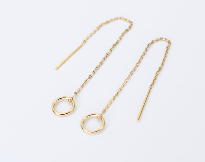 14K Gold Threader Earrings – Minimalist 14K Gold Circle Earrings – Elegant Gold Earrings
