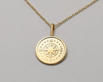 14K Solid Gold Compass Necklace, Dainty Compass Charm, Minimalist Gold Necklace, Travel Jewelry, Adventure Gift, Layering Necklace