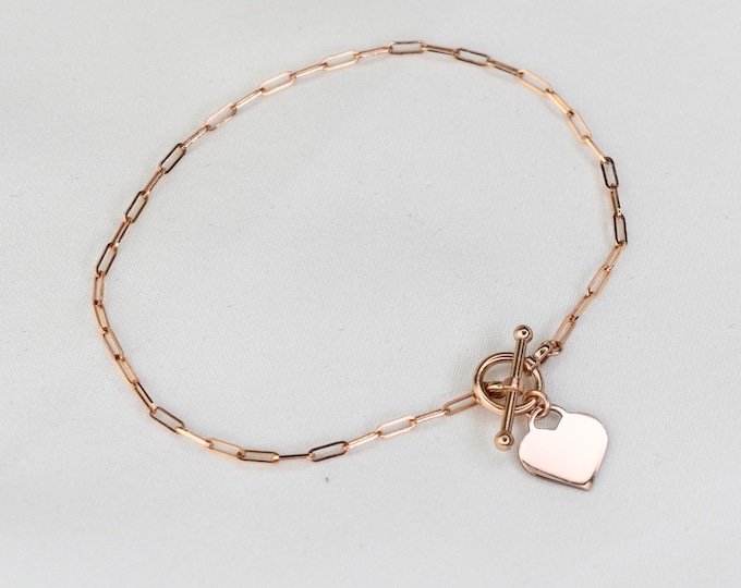 14K Rose Gold Toggle Heart Bracelet.  14K Rose Gold Paper Clip Chain Bracelet. 14k Rose Gold 1.5mm Paper Clip Chain