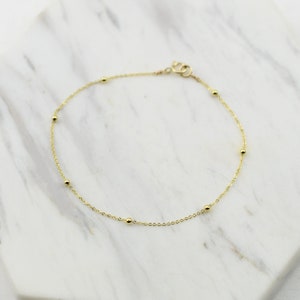 14K Gold Dainty Chain Bracelet - 14K Gold Cable Chain with Beads Bracelet - 14K Solid Gold Bracelet