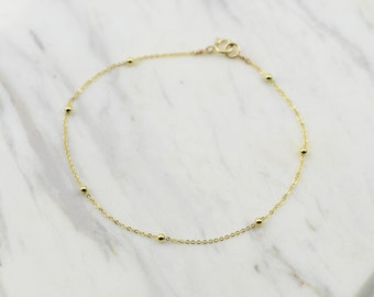 14K Gold Dainty Chain Bracelet - 14K Gold Cable Chain with Beads Bracelet - 14K Solid Gold Bracelet