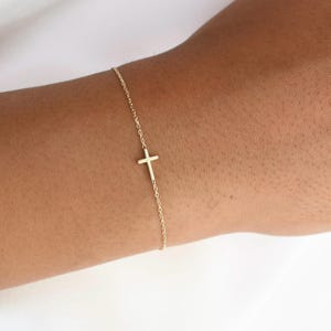 14K Solid Gold Side Cross Bracelet: Minimalist Christian Jewelry