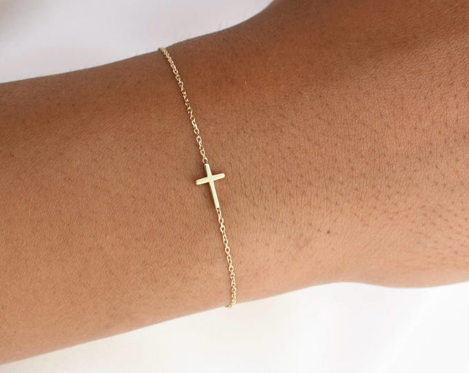 14K Gold Side Cross Bracelet - Solid Gold Cross Bracelet - Minimalist Christian Jewelry - Everyday Faith Gift