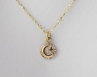 14K Gold Moon and Star Charm Necklace: Celestial Pendant