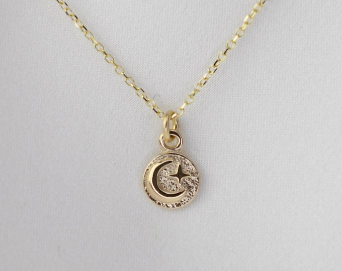 14K Gold Moon and Star Charm Necklace - Tiny Moon and Star Charm