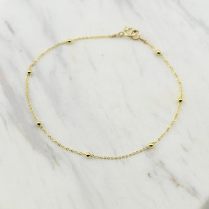 14K Gold Dainty Chain Bracelet 14K Gold Cable Chain with Beads Bracelet 14K Solid Gold Bracelet image 4