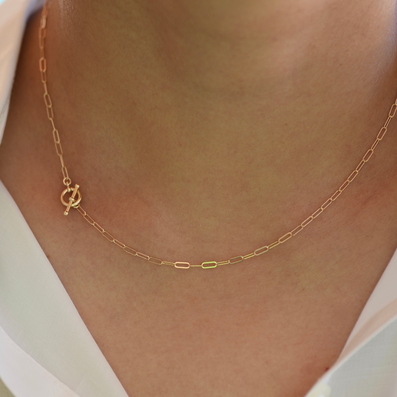 14K Gold Toggle Necklace Gold Paper Clip Chain Delicate Etsy