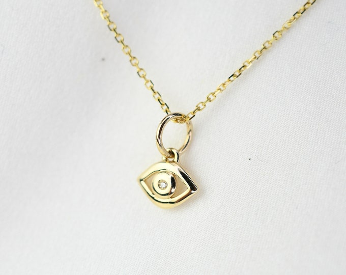 14K Gold Tiny Diamond-Set Evil Eye Charm Necklace