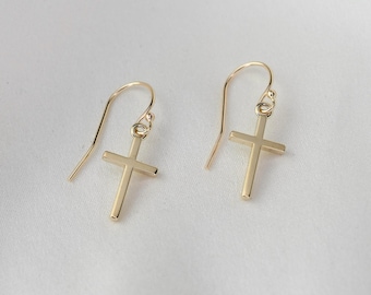 14K gold cross earrings - 14k gold earrings. 14K yellow gold small cross earrings. Christmas gift.