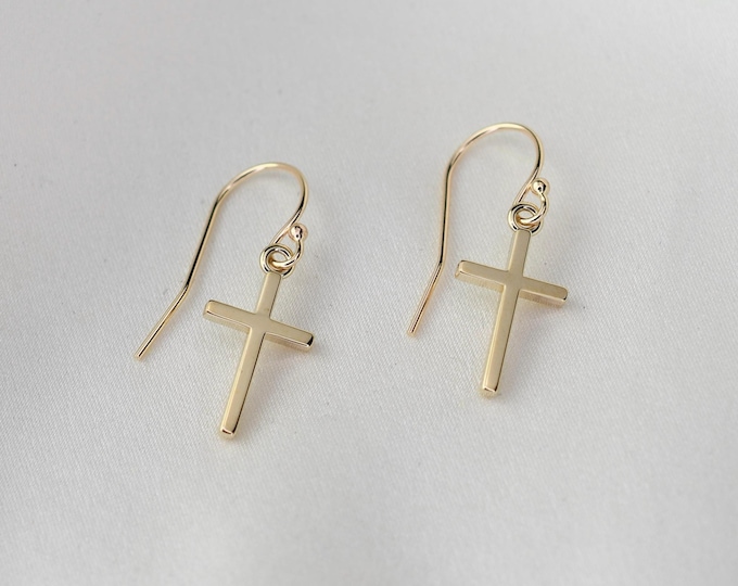 14K gold cross earrings - 14k gold earrings. 14K yellow gold small cross earrings. Christmas gift.