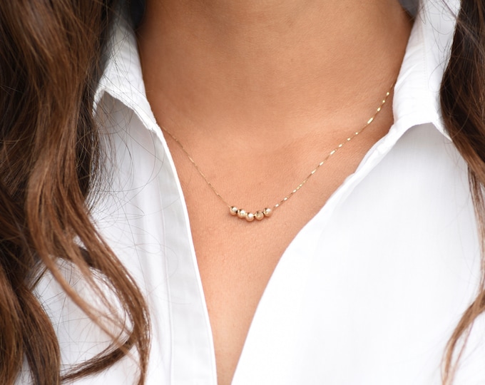 14K Gold small beads necklace. 14K gold delicate necklace. 14K gold box chain