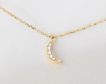 14K Gold Tiny Diamond Moon Necklace: Delicate Cable Chain