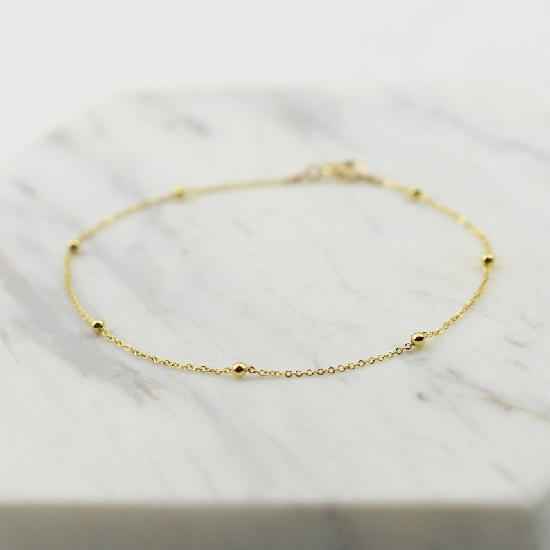 14K Gold Dainty Chain Bracelet 14K Gold Cable Chain with Beads Bracelet 14K Solid Gold Bracelet image 5