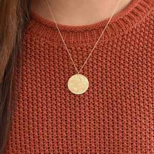 14k Solid Gold Coin Adjustable Necklace - Hammered gold disc necklace