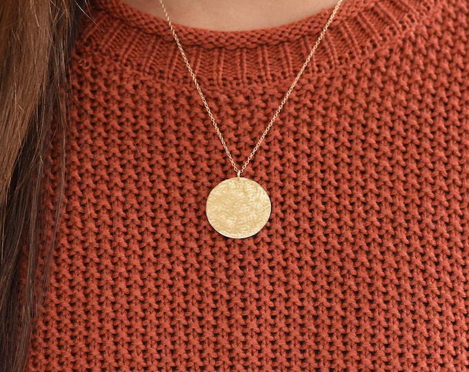 14k Solid Gold Coin Adjustable Necklace - Hammered gold disc necklace