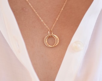14K Gold Triple Linked Ring Pendant Necklace - 14k small pendant necklace