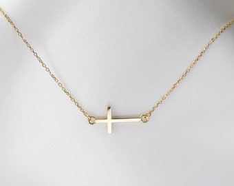 14k Gold Sideways Cross Necklace, Religious Jewelry, Mothers Gift