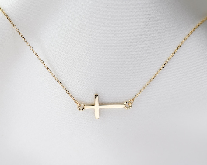 14k Gold Sideways Cross Necklace, Religious Jewelry, Mothers Gift