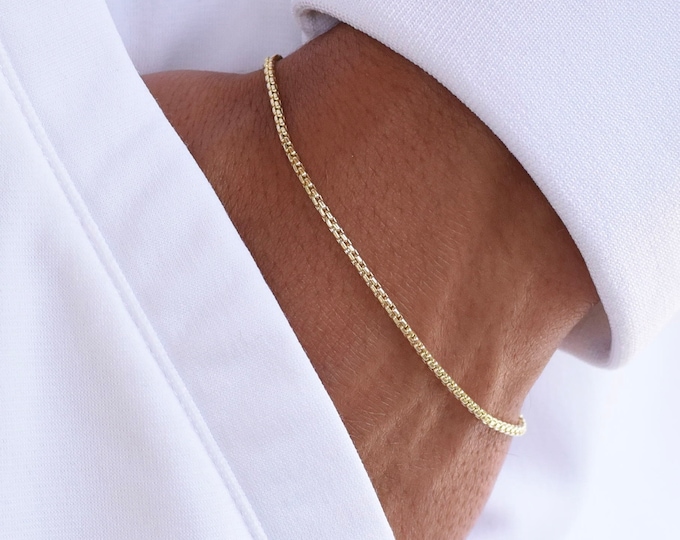 14K Gold Men's Chain Bracelet - 14K Gold 1.7mm Rounded Box Chain