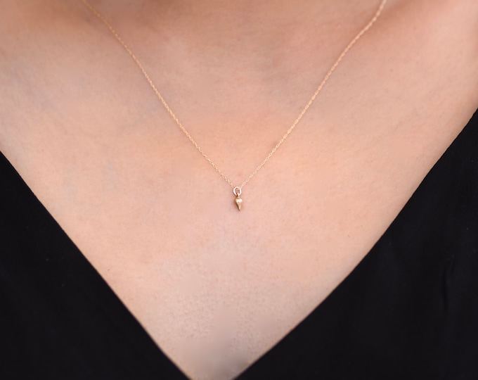 14K Solid Gold Tiny Spike Charm Ultra Dainty Necklace. Ultra Delicate Necklace. 14K solid gold pear charm necklace. Adjustable necklace