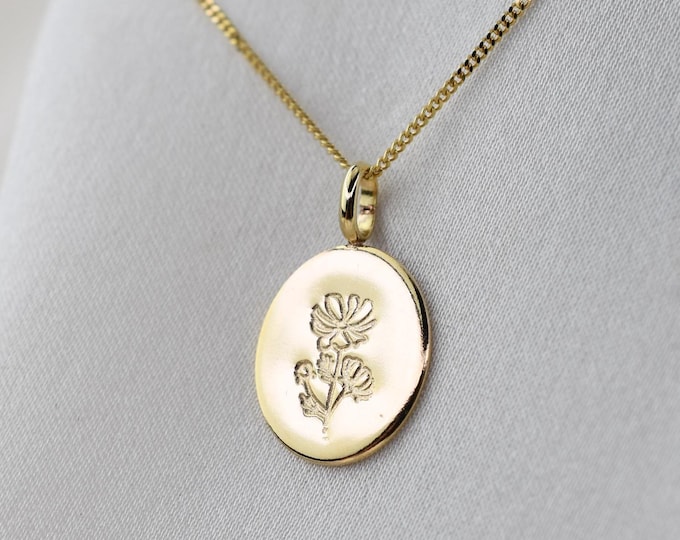 14K Gold Birth Flower Necklace • Personalized Gold Disc Necklace • Solid Gold Flower Charm • Birth Month Jewelry • Custom Gift for Her