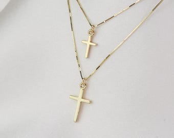 14K Gold Mother Daughter Cross Necklace Set: Tiny Charm Pendants