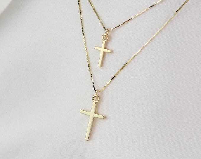 14K Gold Mother Daughter Cross Necklace Set. 14K Gold Small Cross Pendant. 14K Gold Tiny Cross Charm. 14k Gold 0.5mm Box Chain.