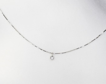 14K White Gold Tiny Diamond Necklace - Delicate Box Chain