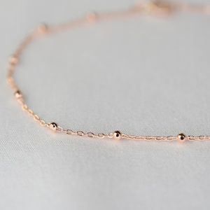14K Rose Gold Delicate Bracelet - 14K Rose Gold Cable Chain with Beads Bracelet - 14K Solid Rose Gold Bracelet