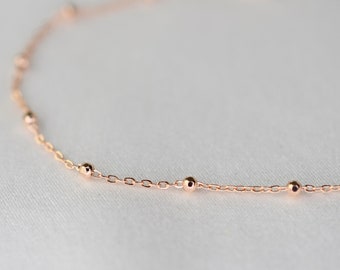 14K Rose Gold Delicate Bracelet - 14K Rose Gold Cable Chain with Beads Bracelet - 14K Solid Rose Gold Bracelet