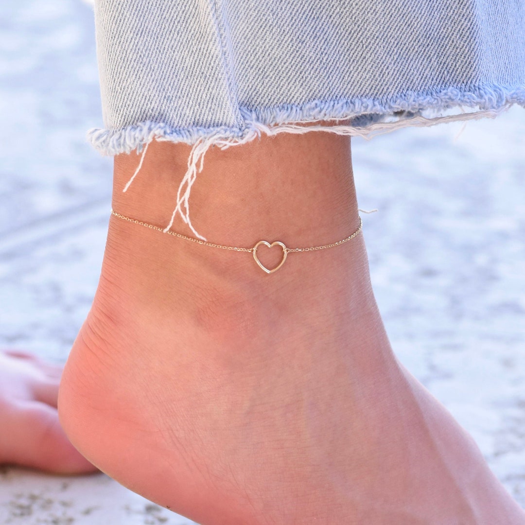 14K Gold Heart Anklet. 14K Gold Delicate Anklet Etsy