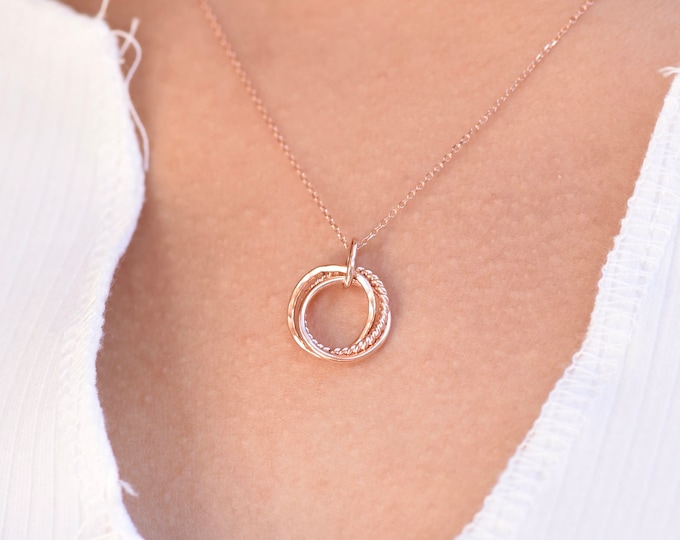 14K Rose Gold Triple Linked Ring Pendant Necklace - 14k rose gold small pendant necklace