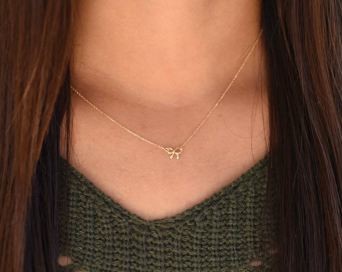 14K Gold Bow Necklace - 14K gold petite bow charm - 14K Gold Adjustable Necklace