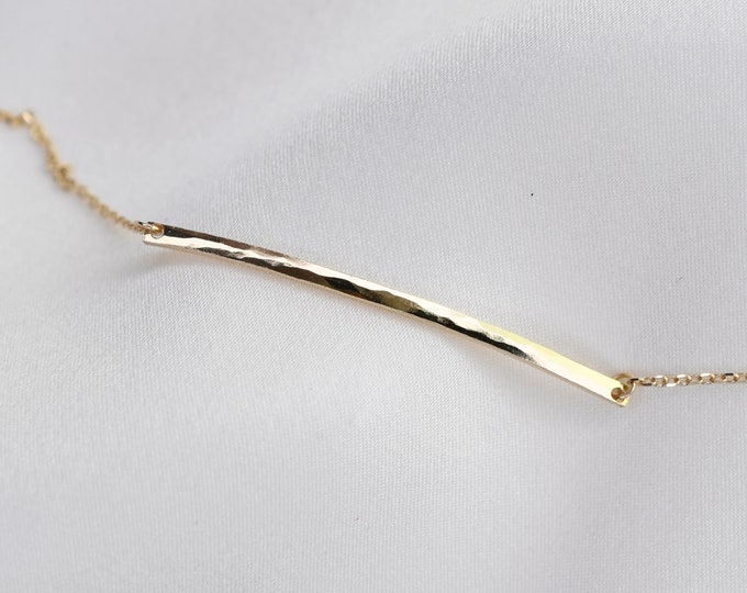 14K Gold Thin Bar Bracelet. 14K Gold Hammered Bar Bracelet