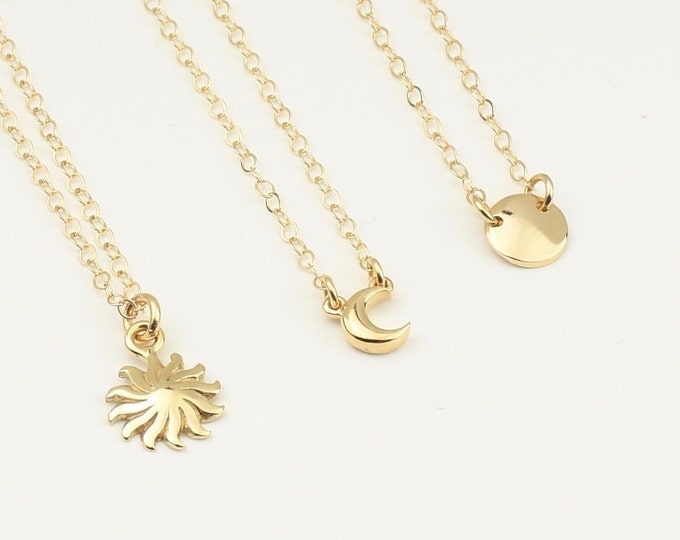 14K Solid Gold Delicate Necklace. 14K gold petite Sun Necklace. 14K gold petite moon necklace. 14K gold petite disc necklace