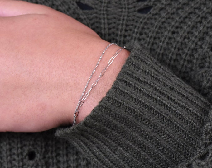 14K White Gold Double Chain Bracelet - 14K Solid White Gold Paper Clip Bracelet