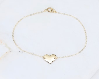 14k Solid Gold Heart Delicate Chain Bracelet - Dainty 14K Solid Gold Bracelet