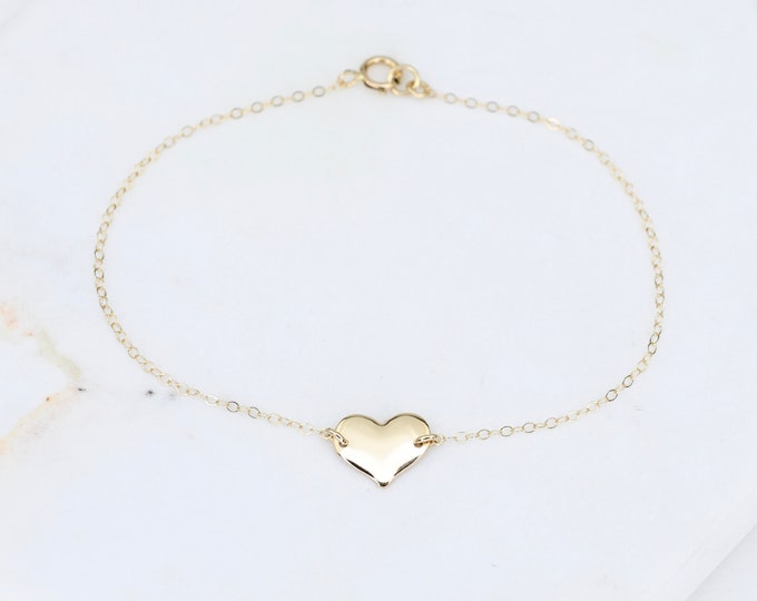 14k Solid Gold Heart Delicate Chain Bracelet - Dainty 14K Solid Gold Bracelet