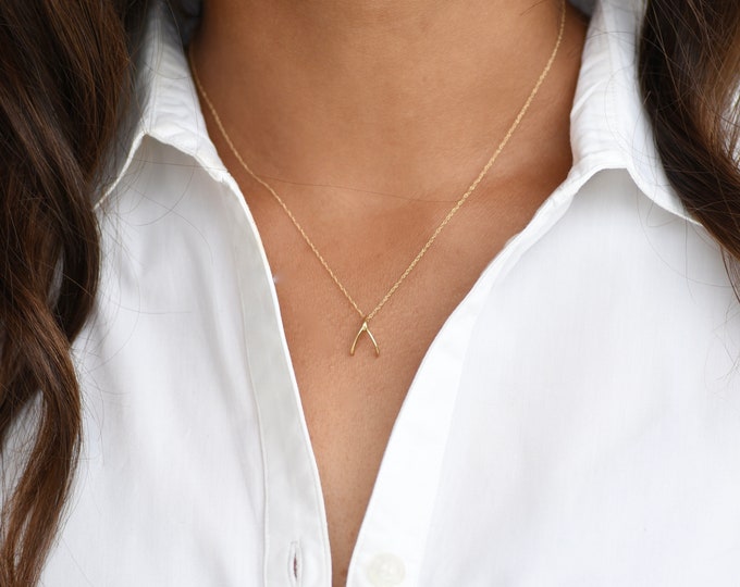 14k Gold Wishbone Necklace. Ultra Delicate Necklace. 14K gold adjustable necklace